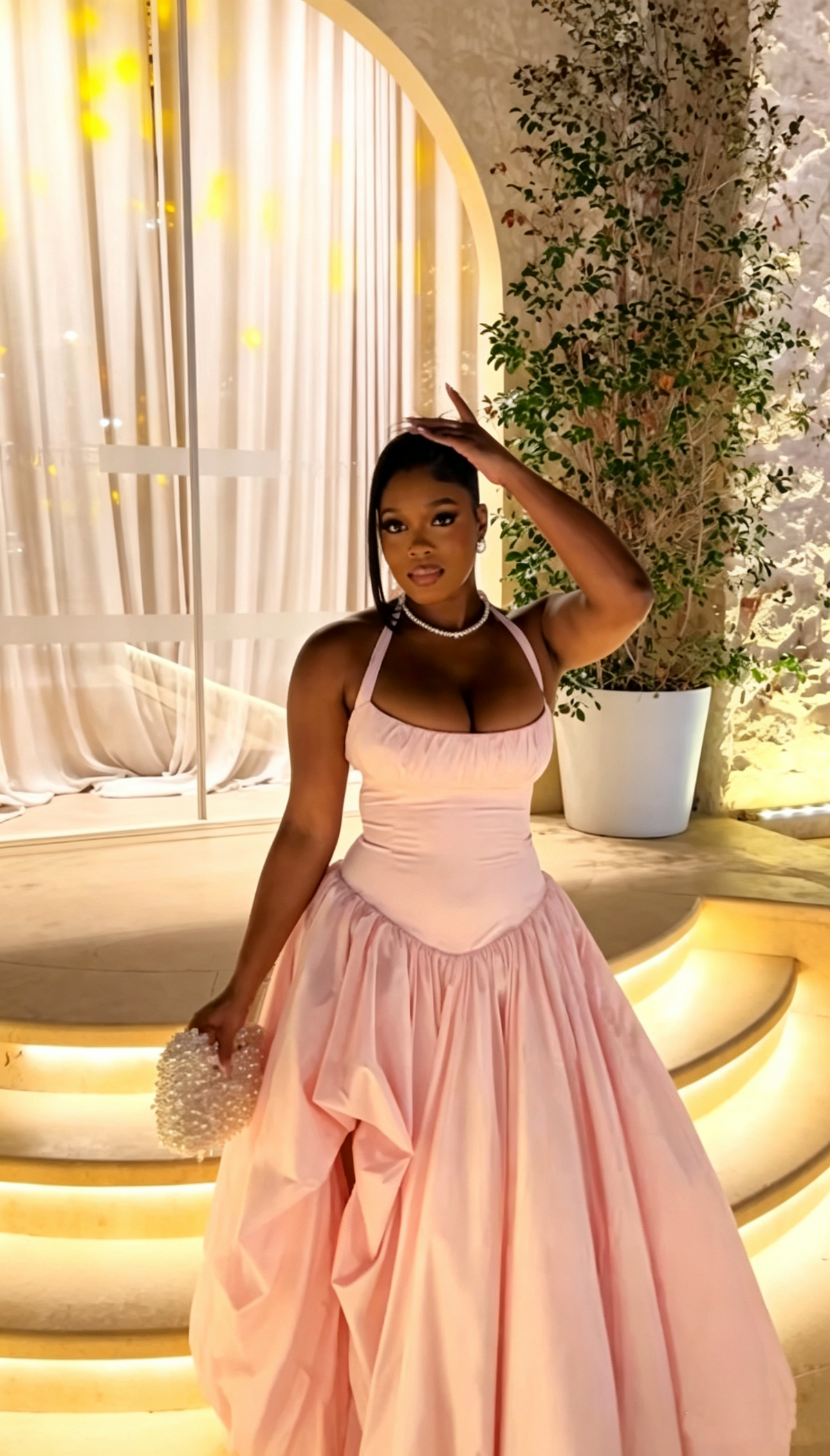 Classy Halter Pink Satin Pleated Long Evening Dress Formal Wedding Guest Dress D1606