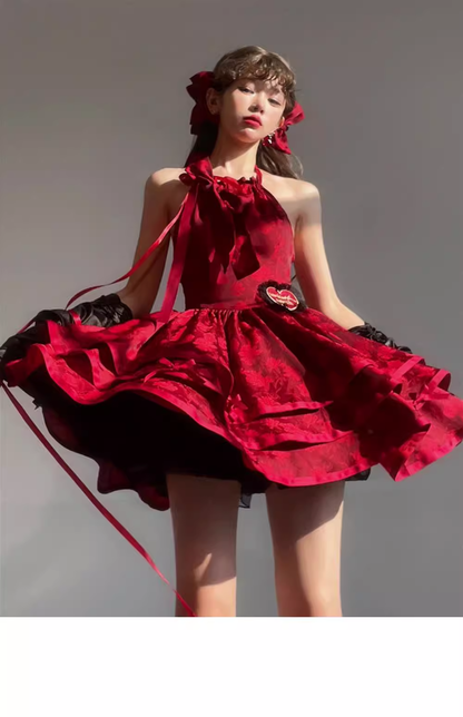 Cute Ball Gown Halter Burgundy Lace Short Cocktail Dresses Birthday Outfits SD576