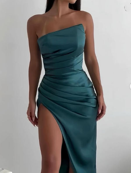 Vintage Sheath Strapless Neckline Slit Satin Long Party Dress Prom Dresses SD2446