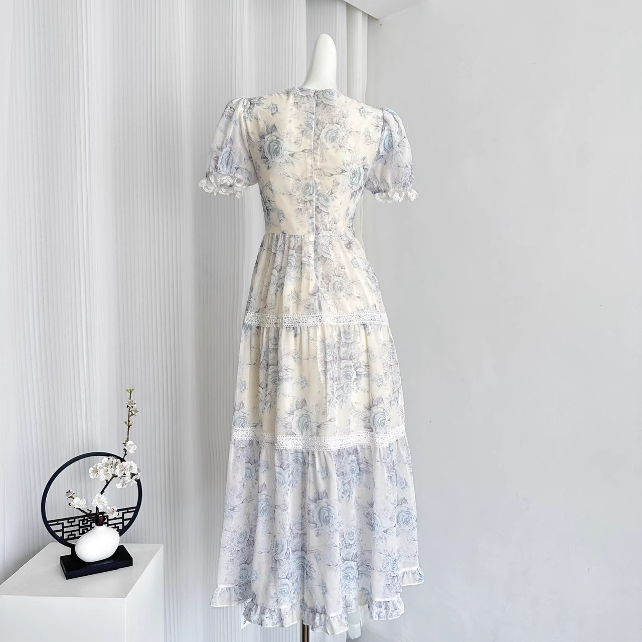 Cute A line Strapless Short Sleeves Blue Floral Dress Long Holiday Dresses SD316