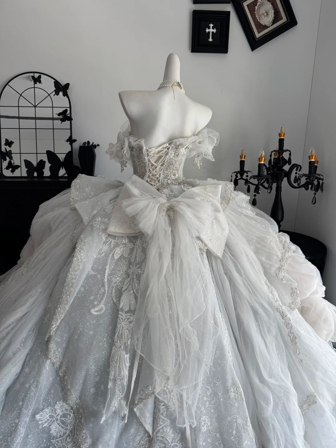 Gorgeous White Tulle Lace Beaded Long Wedding Dress,Off The Shoulder Bridal Dress D3698