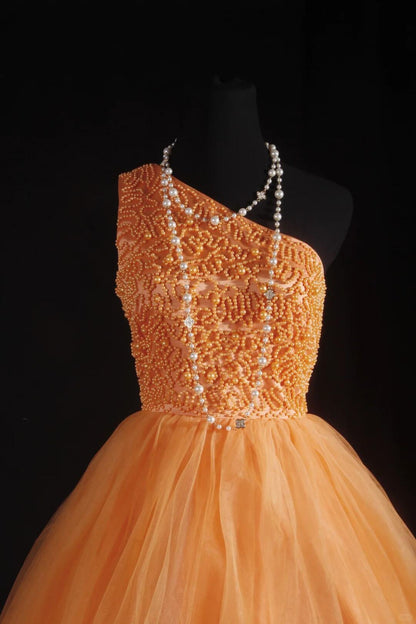 Chic One Shoulder Tulle Beaded A Line Short 7th Grade Homecoming Dress,Orange Short 17th Birthday Outfits D3325