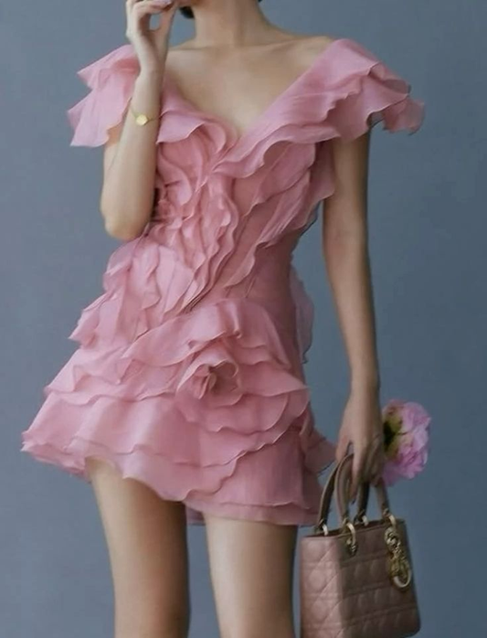 Classy V Neck Pink Chiffon Ruffle Short Cocktail Dress Homecoming Dress D457
