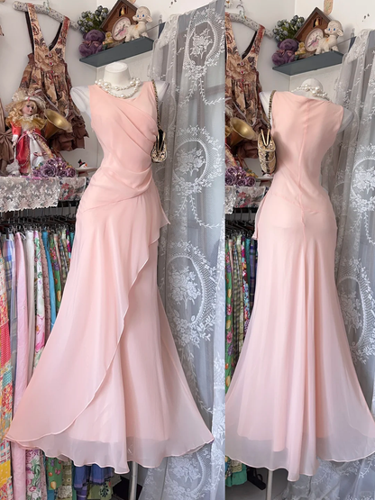 Pretty Pink Sleeveless Chiffon Pleated Mermaid Party Dress Long Wedding Guest Dress D3207