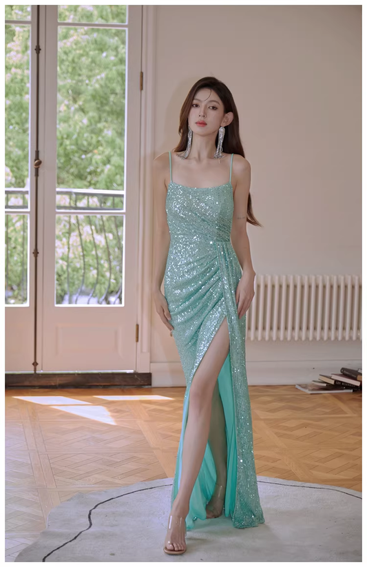 Sparkly Spaghetti Straps Mint Green Sequin Mermaid High Slit Long Prom Dress Evening Dress D2442