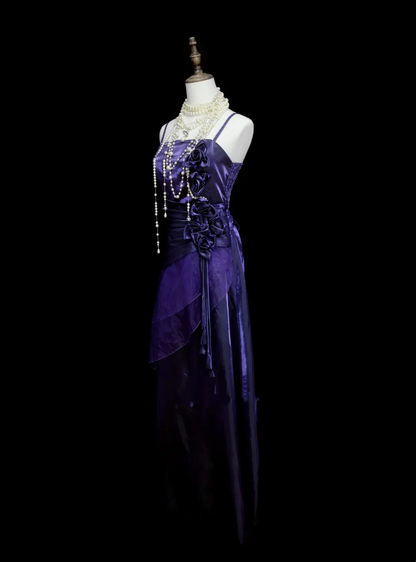 Chic Spaghetti Straps Grape With Flowers Long Prom Dresses Birthday Evening Dress D4515