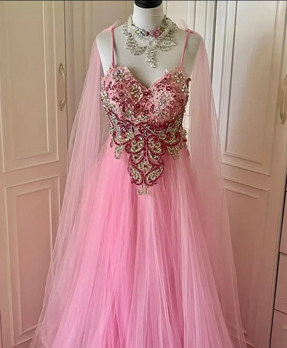 Pretty Pink Tulle Lace Appliques Beaded Evening Dress Spaghetti Straps Backless Long Prom Gown D3096