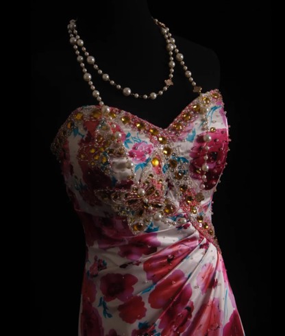 Charming Strapless Satin Floral Beaded Mermaid Long Birthday Prom Dress Evening Dress D2211