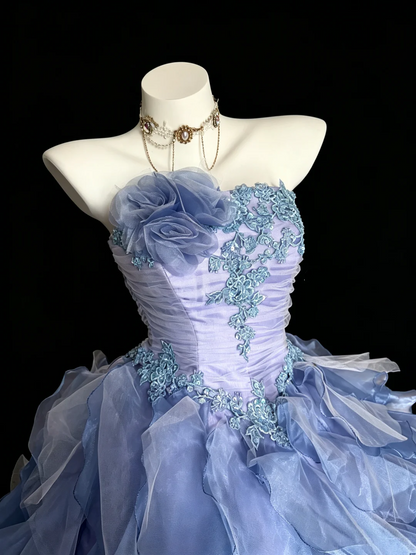 Charming Strapless Blue-purple Tulle Pleated Ruffles Appliques Quinceanera Dress Sweet 15 16 Dress D5274
