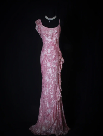 Charming Pink Beaded Chiffon Floral Ruffles Mermaid Long Evening Dress Formal Birthday Dress D2264