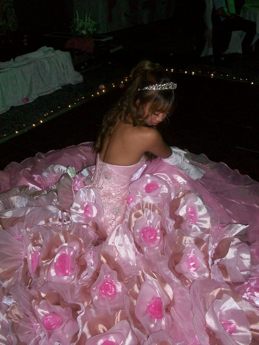 Gorgeous Pink Strapless Organza 3D Flowers Princess Ball Gown Sweet 16 Dress D1542