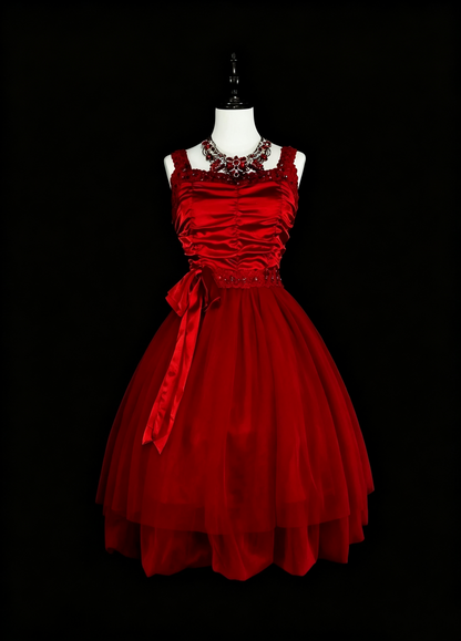Elegant Spaghetti Straps Satin Tulle Beaded A Line Short Graduation Homecoming Dress,Red Short Birthday Dress D4052
