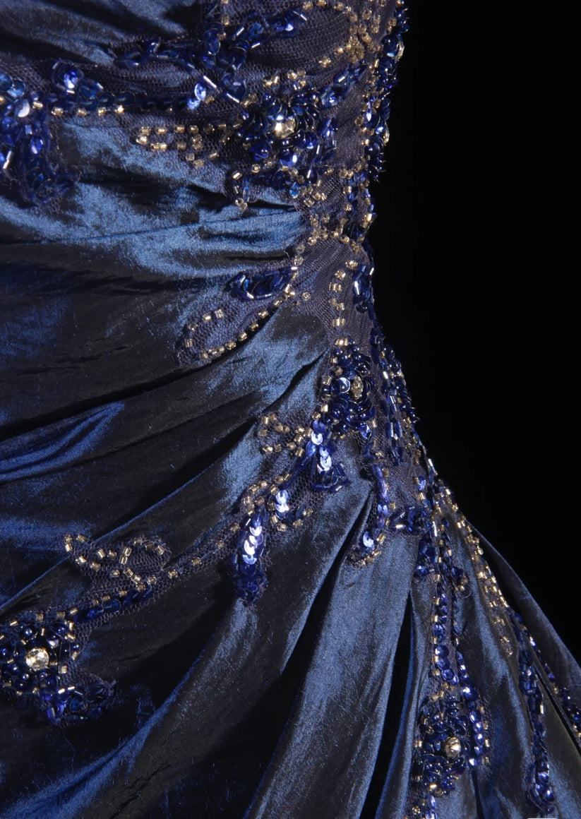 Gorgeous Strapless Ball Gown Navy Blue Tulle Beaded Long Prom Dress Birthday Party Dress SP2046 main image 0