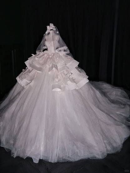 Glamorous Strapless White Tulle Lace Floral Long Wedding Dress With Veil D3074