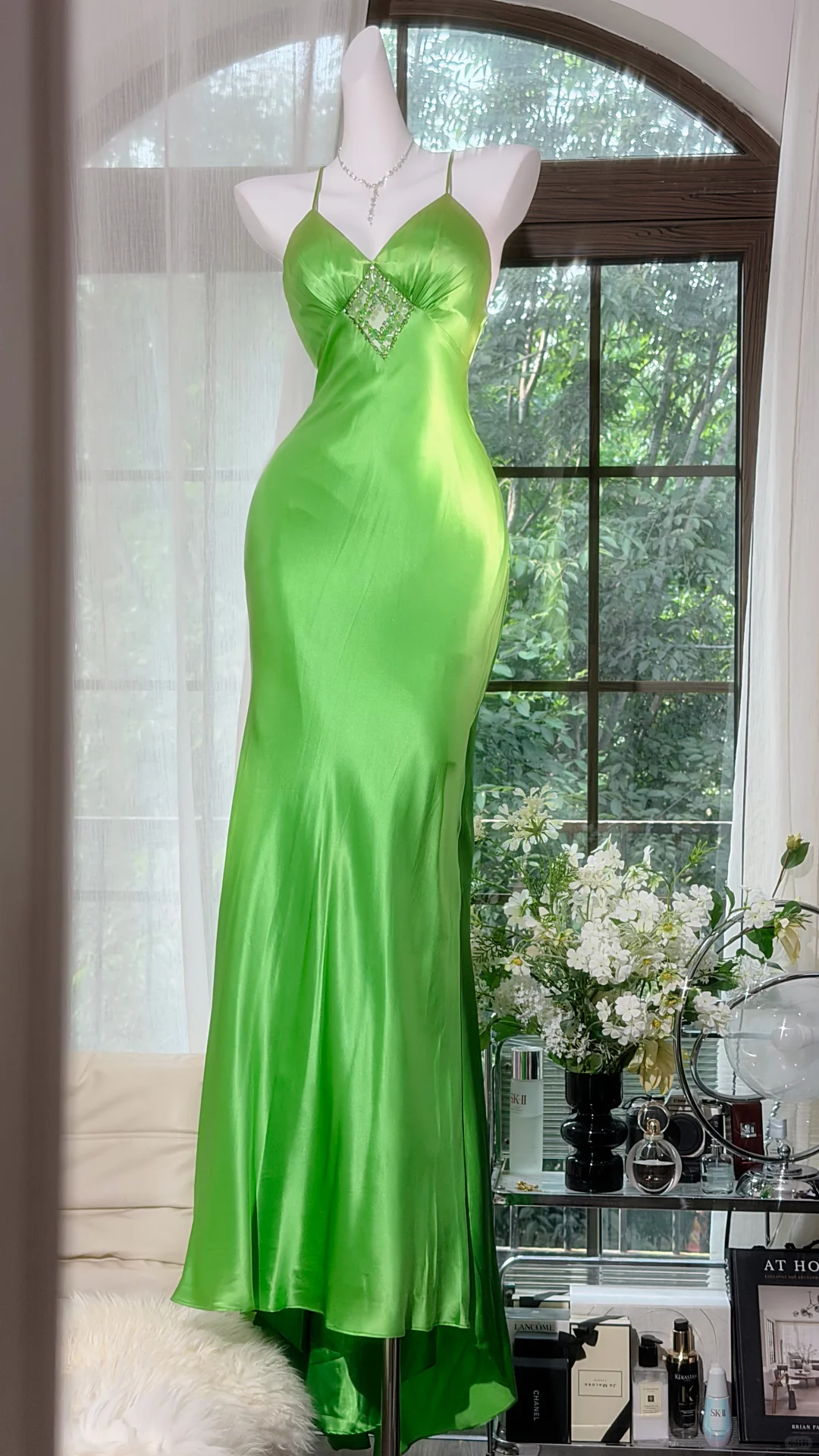 Elegant Green Spaghetti Straps Satin Beaded Mermaid Long Party Dress Birthday Dress D2932