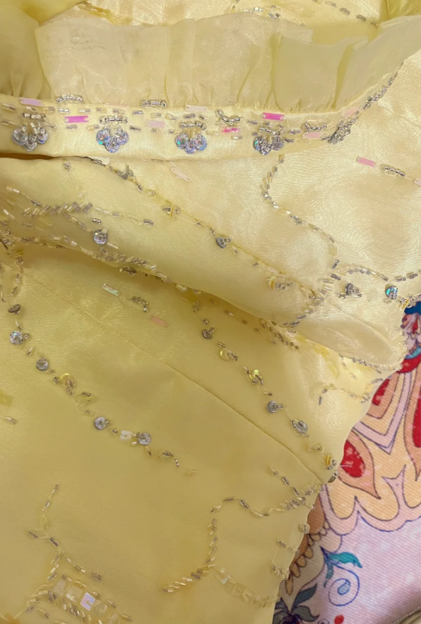 Sweet Strapless Yellow Tulle Satin Beaded Mermaid Long Prom Dress Birthday Party Gown D2137