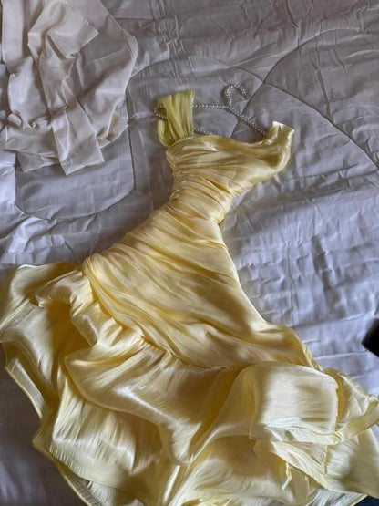 Classy Yellow Tulle Pleated Ruffles Mermaid Long Party Dress Birthday Evening Dress D4763