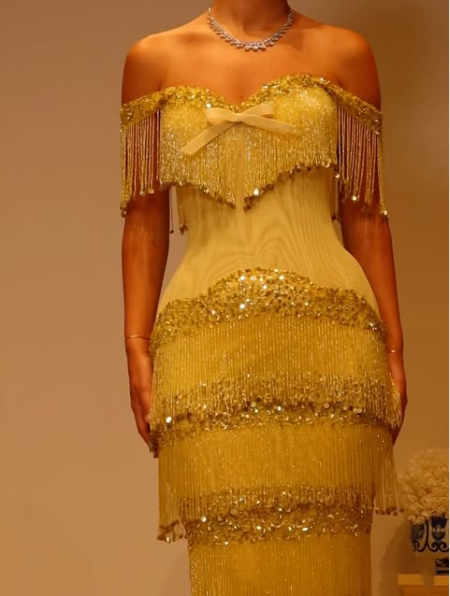 Gorgeous Off The Shoulder Satin Beaded Tassel Long Party Dress Yellow Long Birthday Evening Gowns D5242