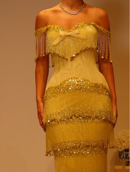 Gorgeous Off The Shoulder Satin Beaded Tassel Long Party Dress Yellow Long Birthday Evening Gowns D5242
