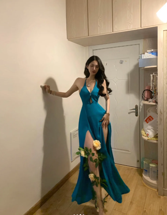 Chic Blue Halter V Neck Satin Slit Mermaid Evening Dress Long Party Gown  D849