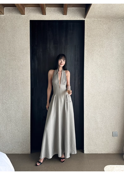 Fashion Halter Gray satin Pleated A Line Long Wedding Guest Dress,Backless Long Evening Dress Prom Gown With Pockets D2085
