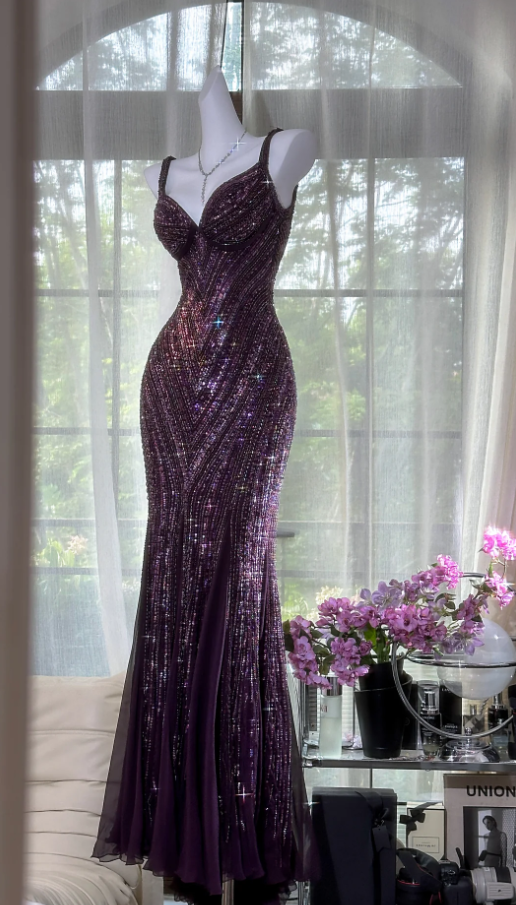 Vintage V Neck Dark Purple Chiffon Sequin Mermaid Long Party Gown Evening Dress D980