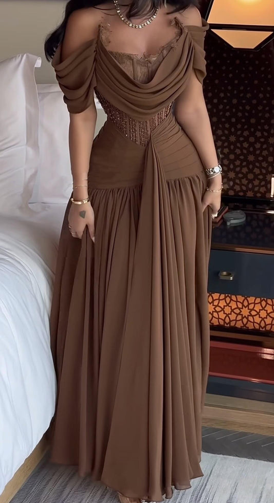 Elegant Off The Shoulder Brown Chiffon Beaded A Line Long Party Dress Evening Dress D2995