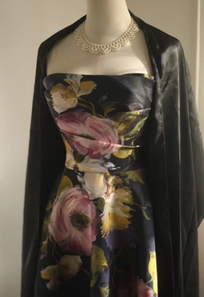 Pretty Strapless Satin Rose Print Floral Long Birthday Party Dress Evening Gown D2205