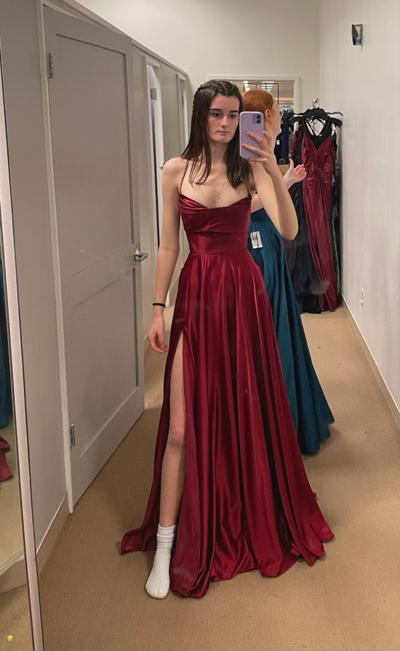 Vintage Burgundy Spaghetti Straps Slit A Line Long Wedding Guest Dress Bridesmaid Dress D1679