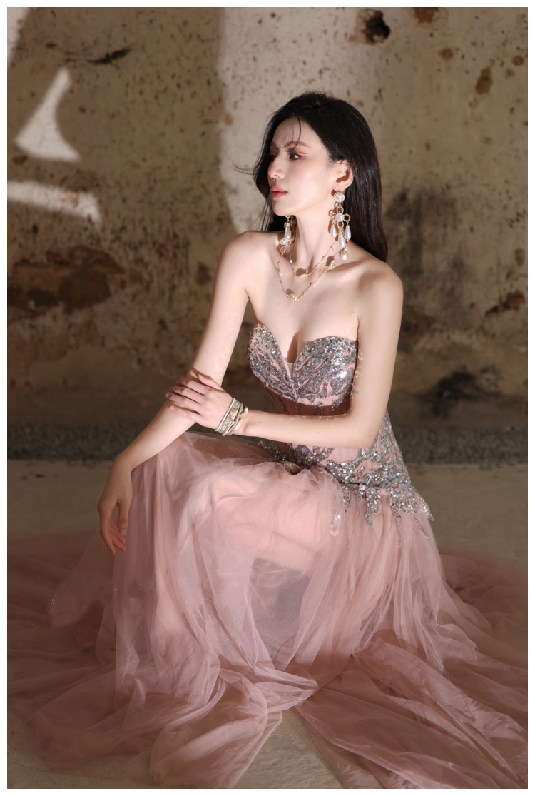 Pretty Pink Sweetheart Neck Tulle Sequin A Line Slit Long Evening Dress Party Gown D2408