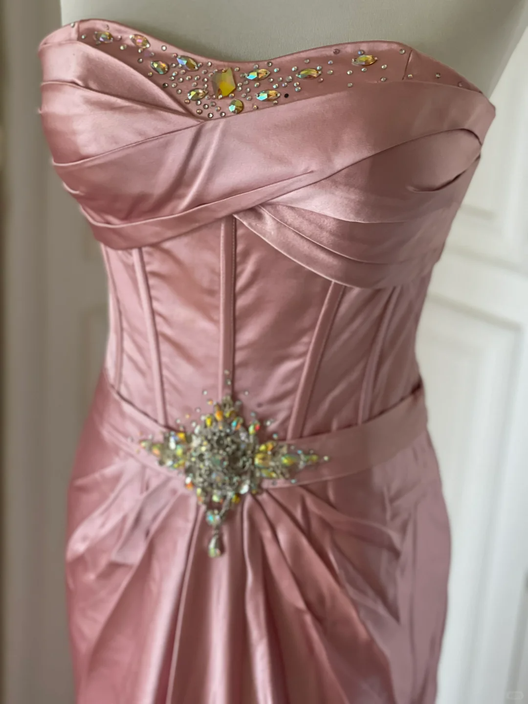 Fashion Strapless Satin Pleated Beaded Mermaid Party Gown,Pink Long Evening Dress D3109