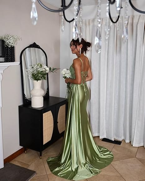 Charming Satin Beaded Appliques Mermaid Party Dress Sage Green Slit Long Prom Gown D5002
