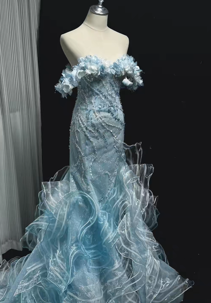 Glamorous Light Blue Mermaid Long Evening Dress Off The Shoulder Tulle Sequin Applique Party Dress D5168