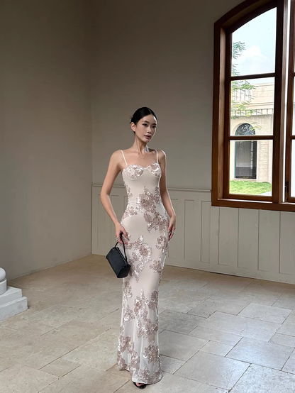 Unique Champagne Satin Floral Mermaid Evening Dress Spaghetti Straps Long Party Gown D2129