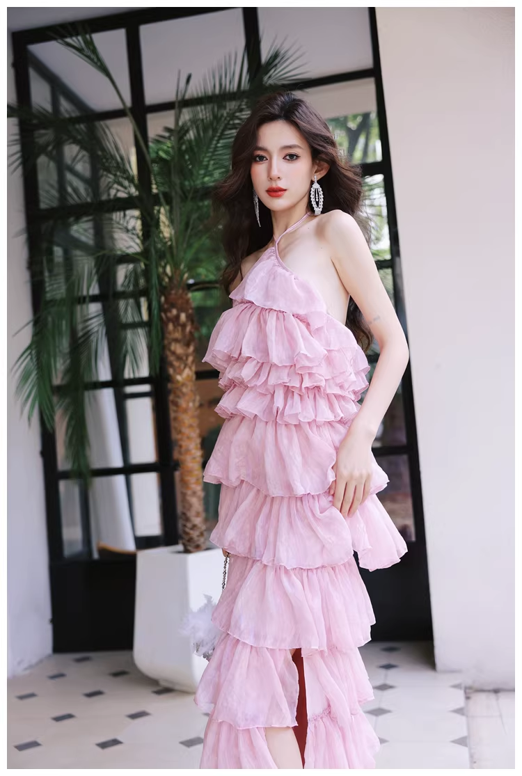Pretty Pink Halter Chiffon Ruffle Layered Slit Long Birthday Prom Dress Evening Gown D2456