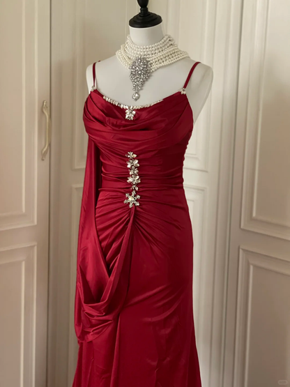 Charming Burgundy Satin Beaded Mermaid Evening Dress,Spaghetti Straps Long Wedding Guest Dress D3110