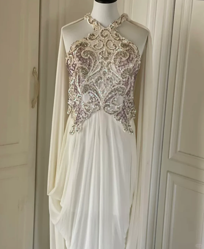 Classy Sleeveless White Sequin Beaded Satin Chiffon Mermaid Long Prom Dress Evening Dress D3104