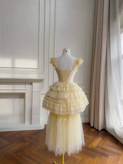 Sweet Tulle Beaded A Line Short 6th Grade Homecoming Dress,Yellow Mini Birthday Outfits D2950