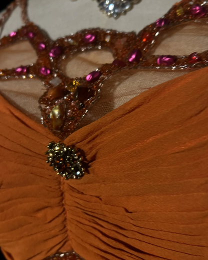 Elegant Spaghetti Straps Chiffon Lace Beaded Mermaid Evening Dress Orange Long Party Gowns D1934