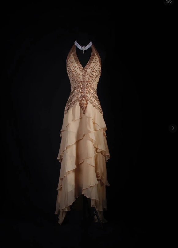 Vintage Khaki Halter Beaded Chiffon Layered Mermaid Long Party Dress Backless Wedding Guest Dress D2005