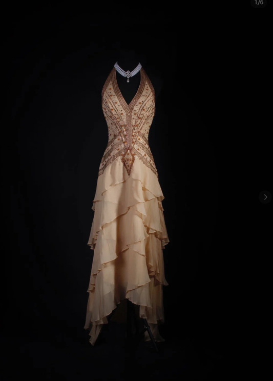 Vintage Khaki Halter Beaded Chiffon Layered Mermaid Long Party Dress Backless Wedding Guest Dress D2005