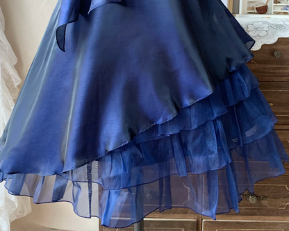 Shiny Spaghetti Straps Navy Blue Tulle Satin A Line Formal Graduation Homecoming Dress Short Party Dress D3069