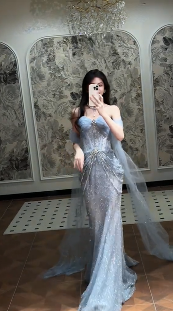 Glitter Sky Blue Strapless Tulle Sequin Beaded Mermaid Evening Dress Long Birthday Prom Dress Party Dress D1880