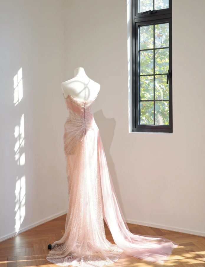 Glitter Pink Strapless Sequin Pleated Mermaid Long Wedding Guest Dress Formal Birthday Evening Dress D2147