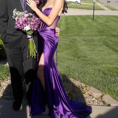 Pretty Sweetheart Neck Purple Satin Beaded Slit Mermaid Party Dress Long Prom Dresses D898