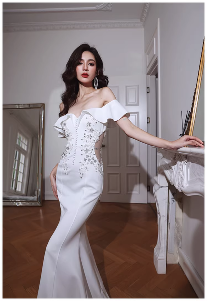 Elegant Off The Shoulder White Satin Appliques Mermaid Evening Dress Long Wedding Guest Dress D2430