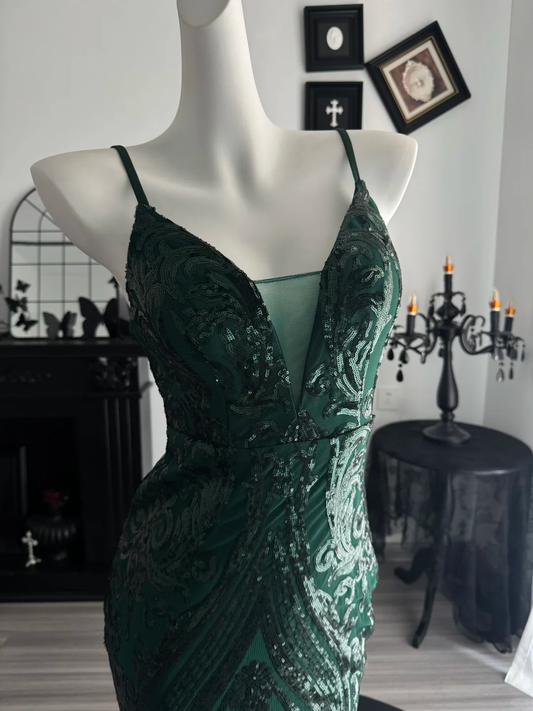 Vintage Emerald Green Satin Sequin Mermaid Evening Dress,Spaghetti Straps Long Prom Dress D3692