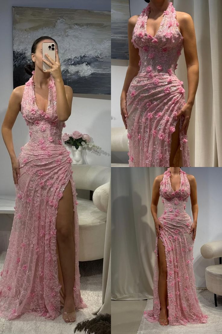Glamorous Halter Pink Lace Floral Slit Mermaid Long Evening Gown Party Dress D2925