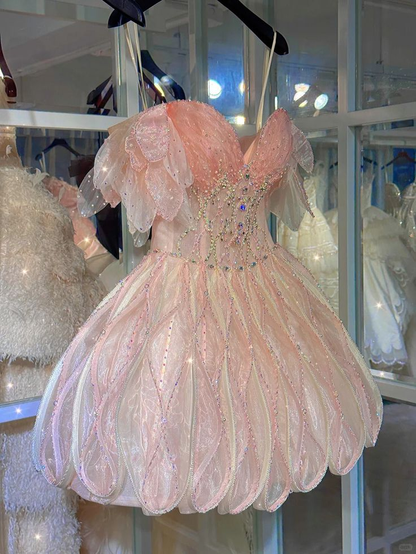 Glitter Pink Beaded Spaghetti Straps Princess 18th Birthday Dress Homecoming Dress S831