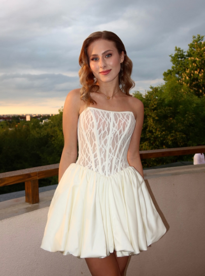 Elegant Off White Strapless Lace Satin A Line Short 6th Grade Homecoming Dress Birthday Dress D3853